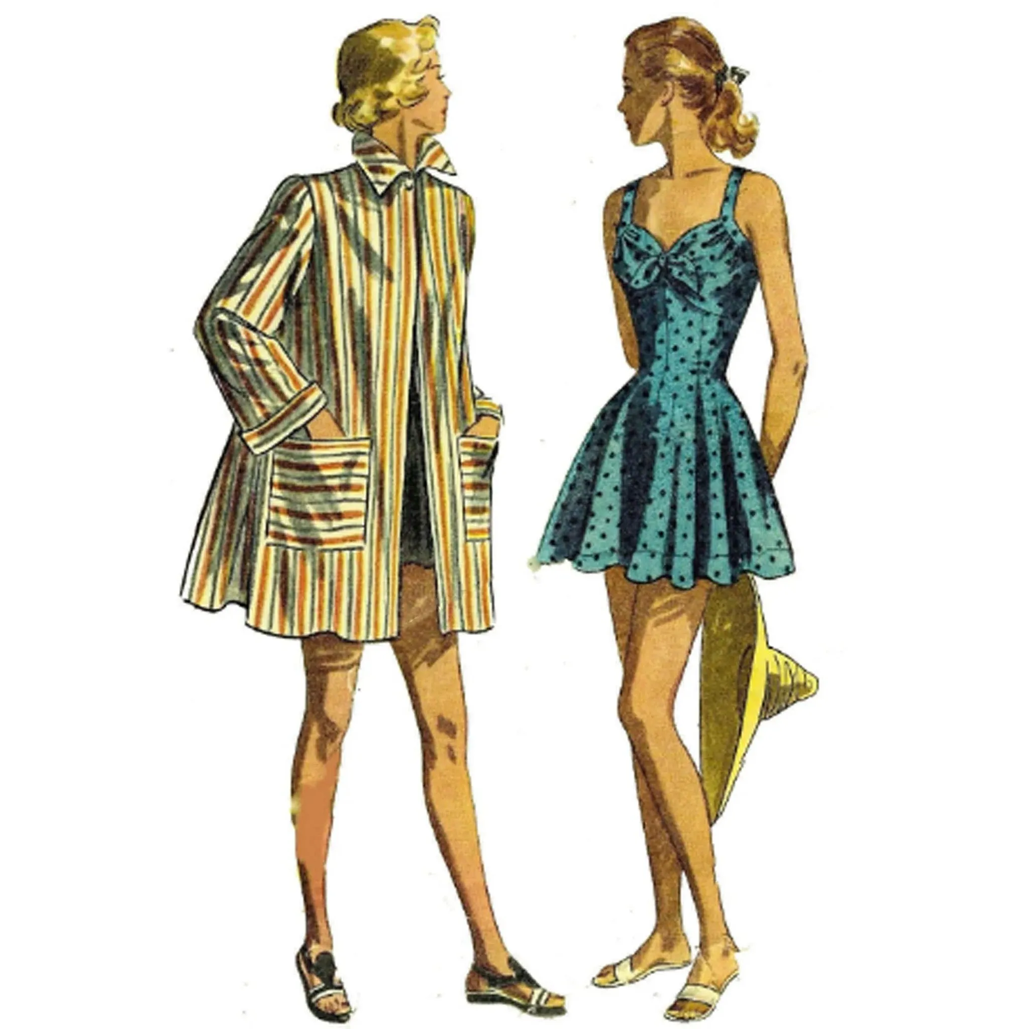 1940's Sewing Pattern: Bathing Suit, Swim Suit, Beach Coat - Multi-Sizes