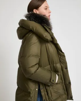 3/4 down jacket in water-repellent technical fabric with fox fur collar trim