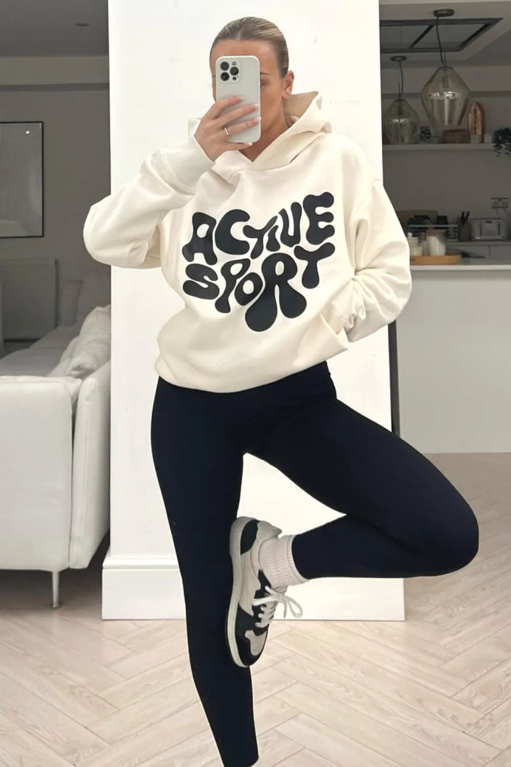 Active sport premium ecru printed hoodie