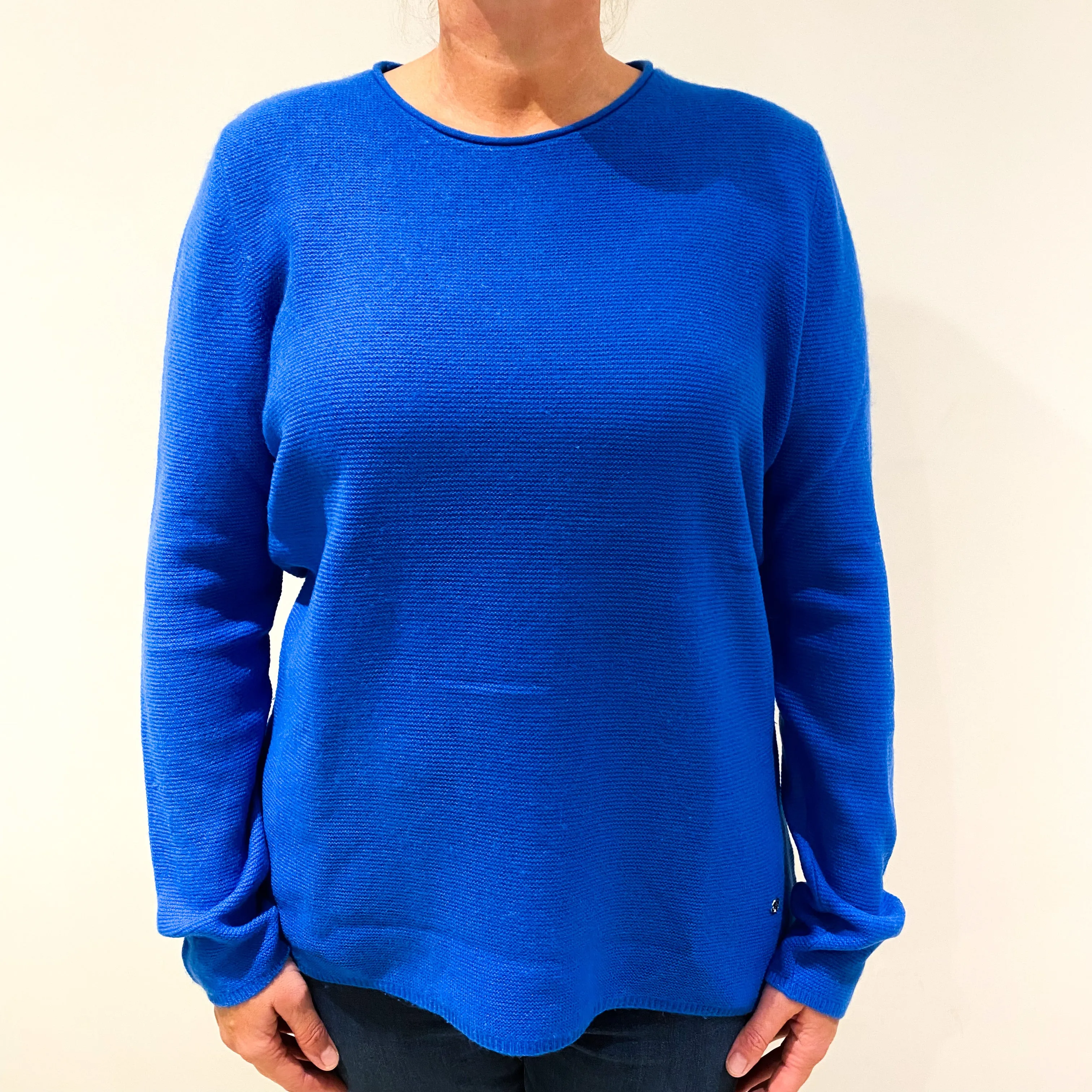 Airforce Blue Texture Knit Cashmere Crew Neck Jumper Large