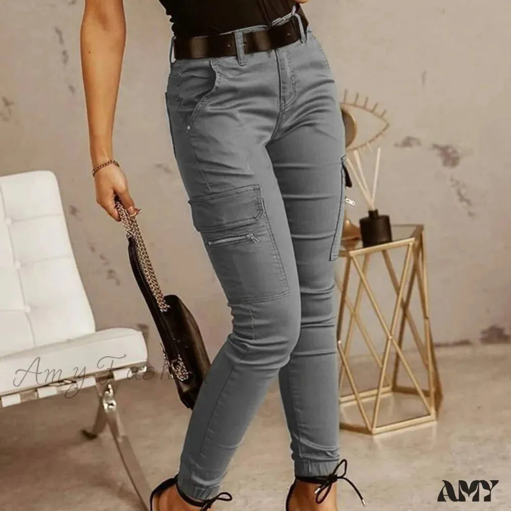 Amy Fashion - Fashion Solid Color Casual Pocket Button Zipper Slim Trousers