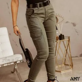 Amy Fashion - Fashion Solid Color Casual Pocket Button Zipper Slim Trousers