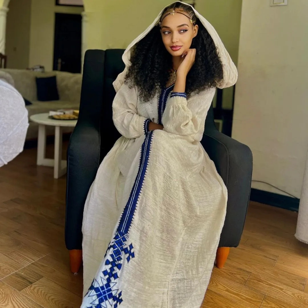 Azure Elegance: Cultural Habesha Dress in Cotton and Thread Habesha Kemis