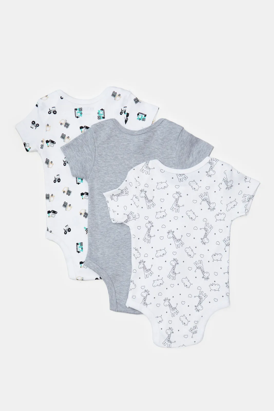 Baby White And Grey Printed Bodysuit Set (Pack Of 3)