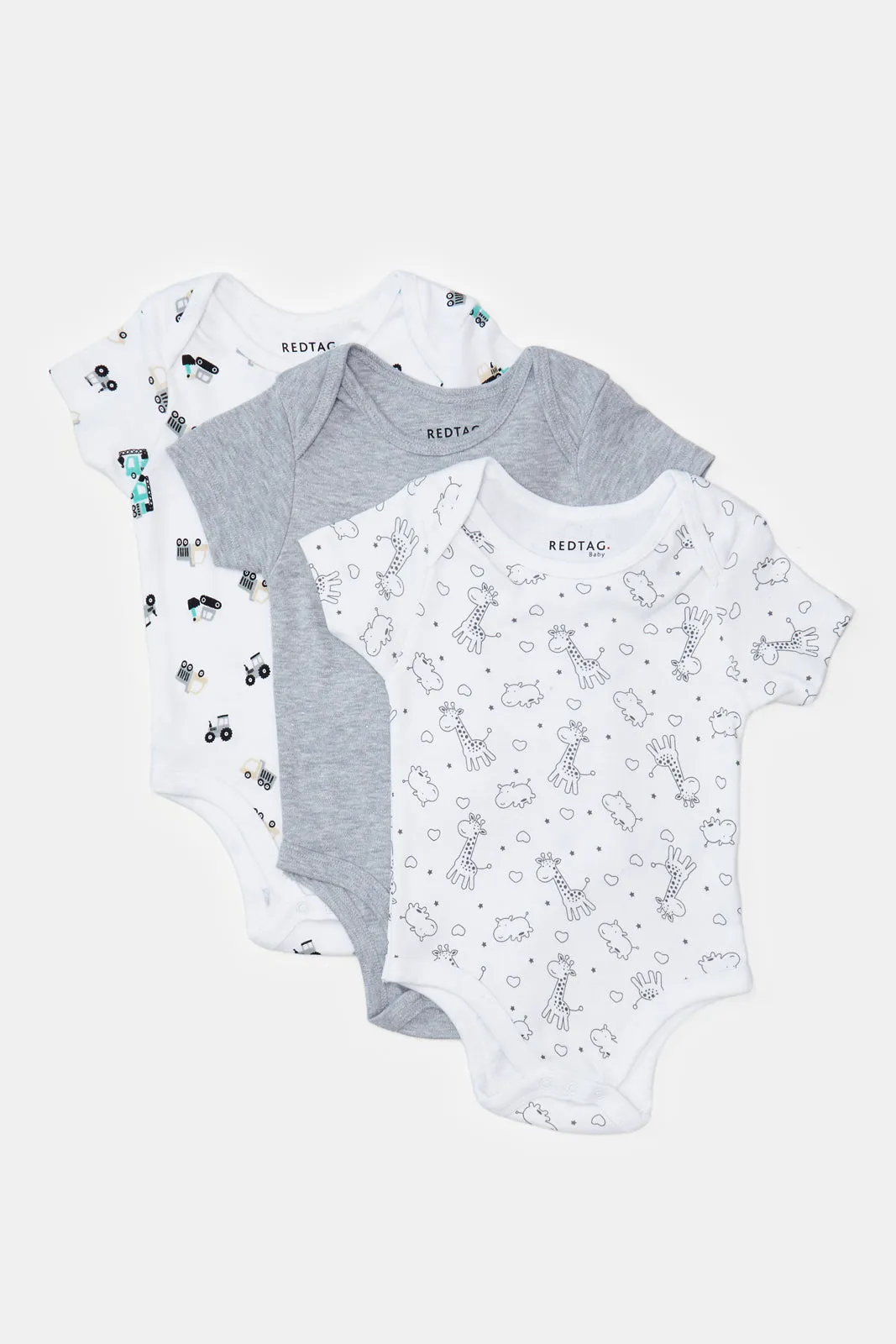 Baby White And Grey Printed Bodysuit Set (Pack Of 3)