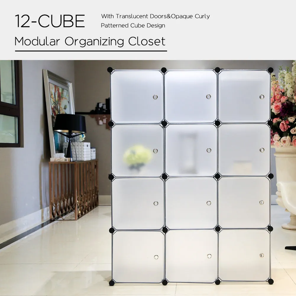 Bedroom PP Storage Wardrobe, 12 Cubes/20 Cubes, White and Transparent