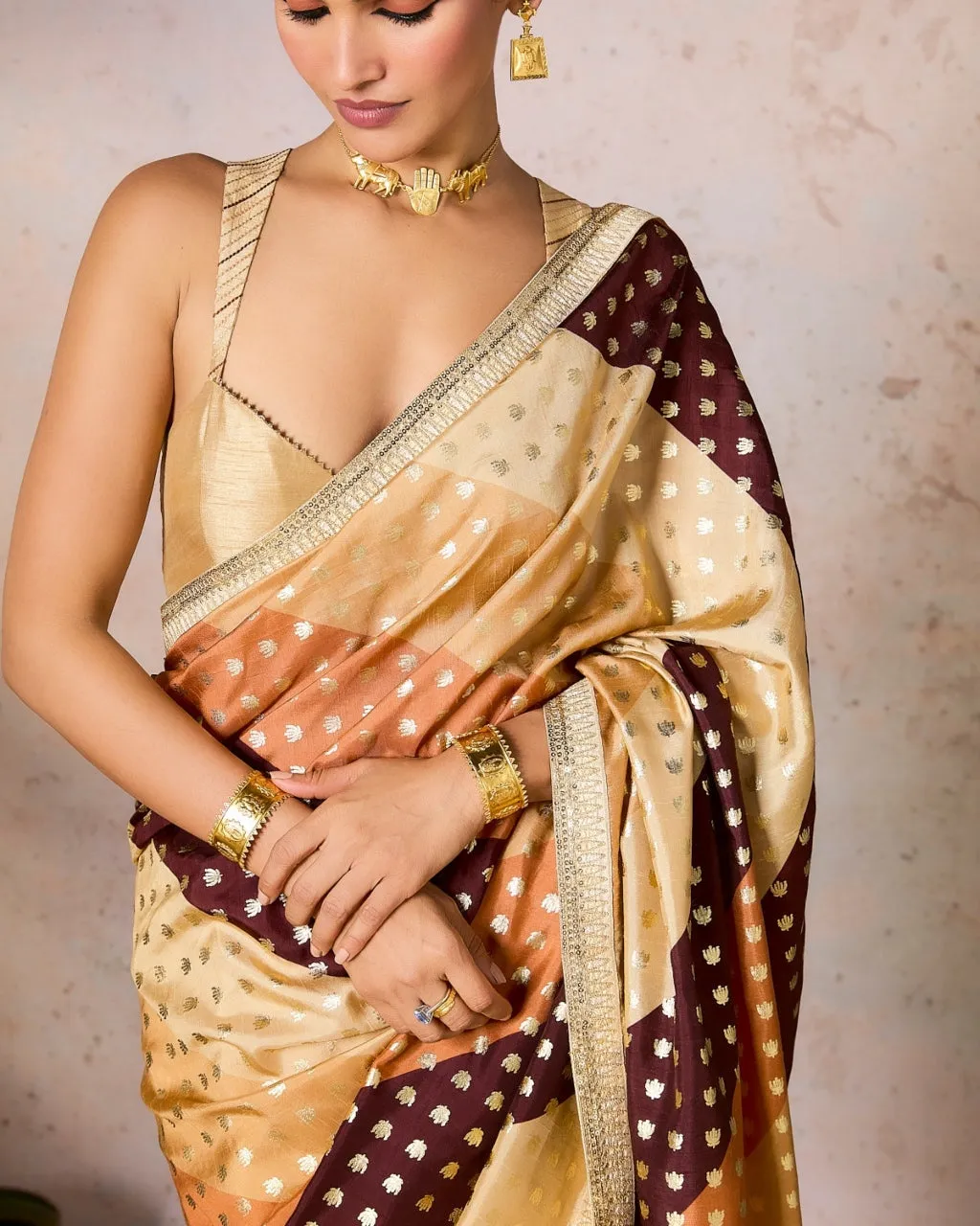 Beige Stripe Foil Sari Set