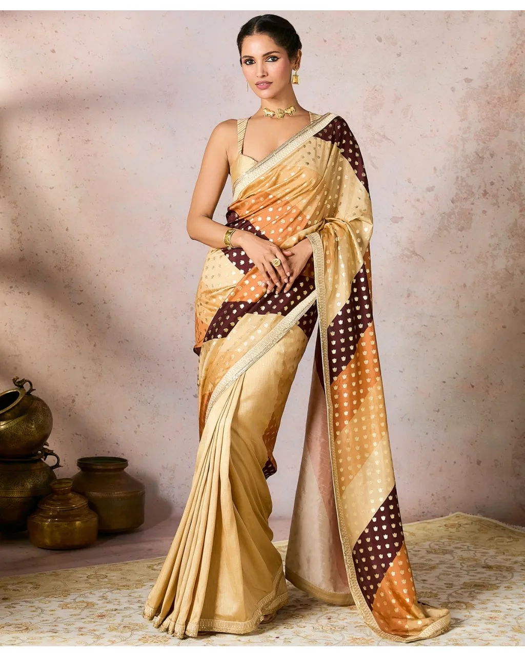 Beige Stripe Foil Sari Set