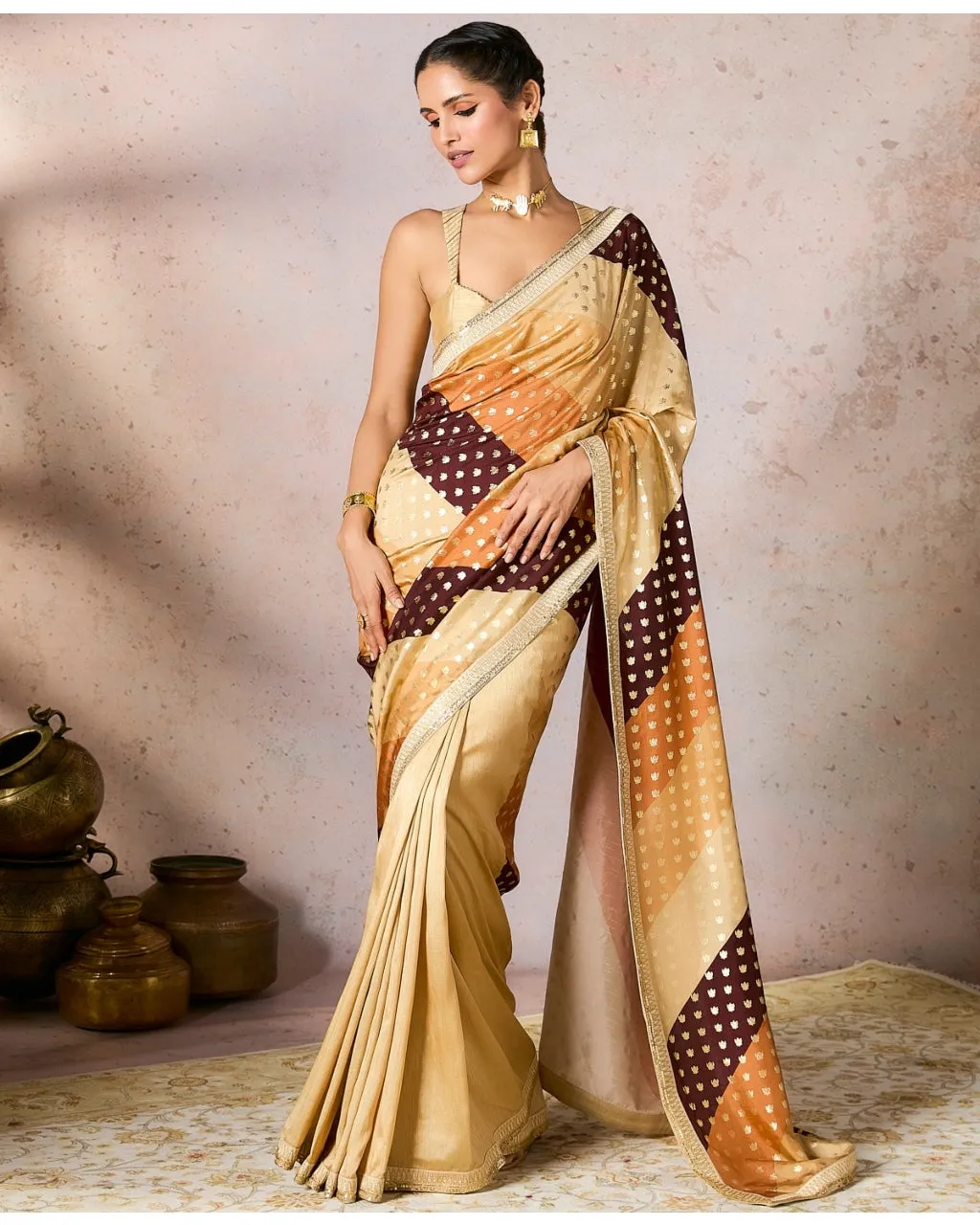 Beige Stripe Foil Sari Set