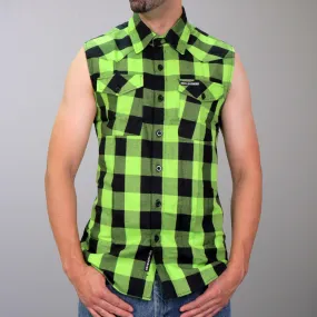 Black and Green Sleeveless Biker Flannel Shirt for Men