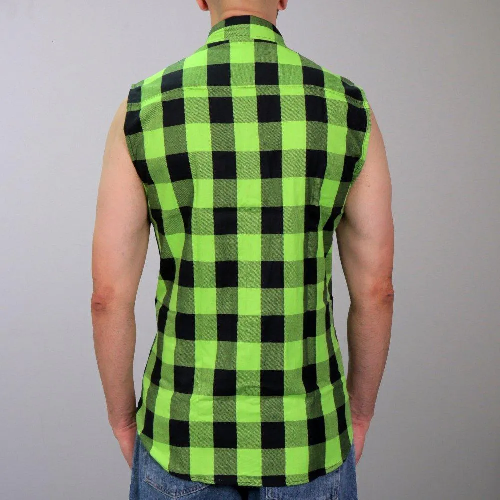 Black and Green Sleeveless Biker Flannel Shirt for Men