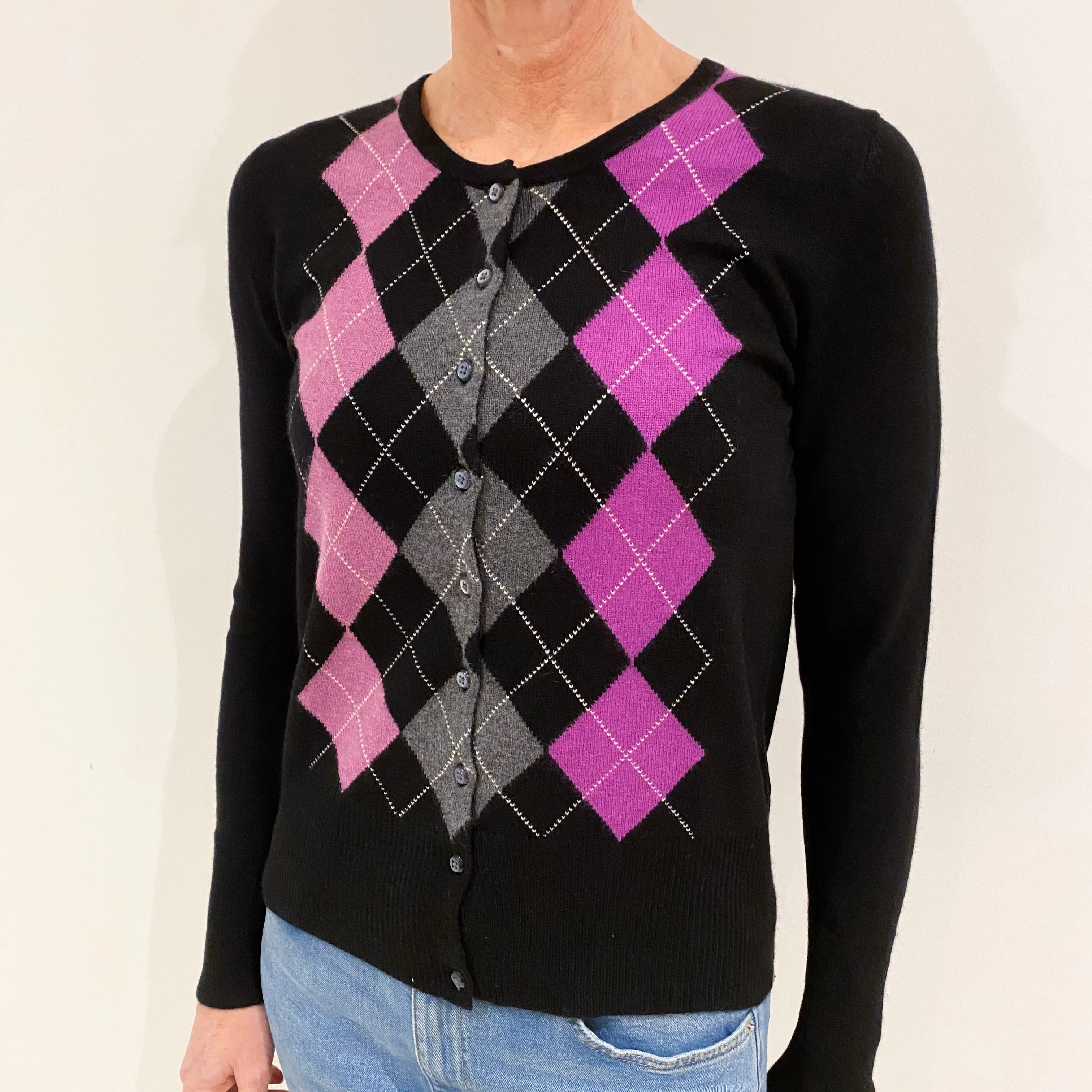 Black and Magenta Diamond Cashmere Cardigan Small