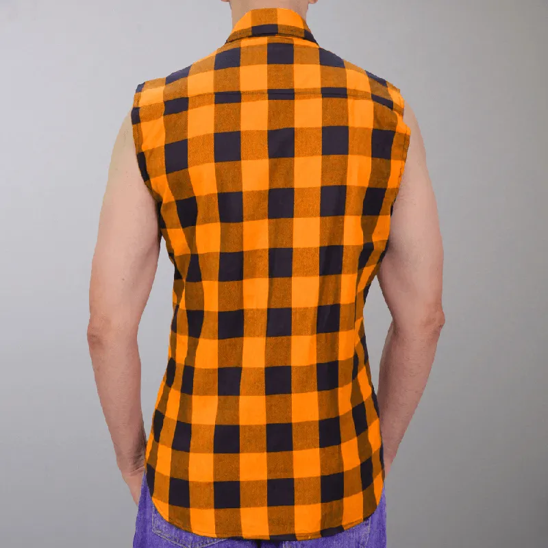 Black and Orange Sleeveless Biker Flannel Shirt for Men