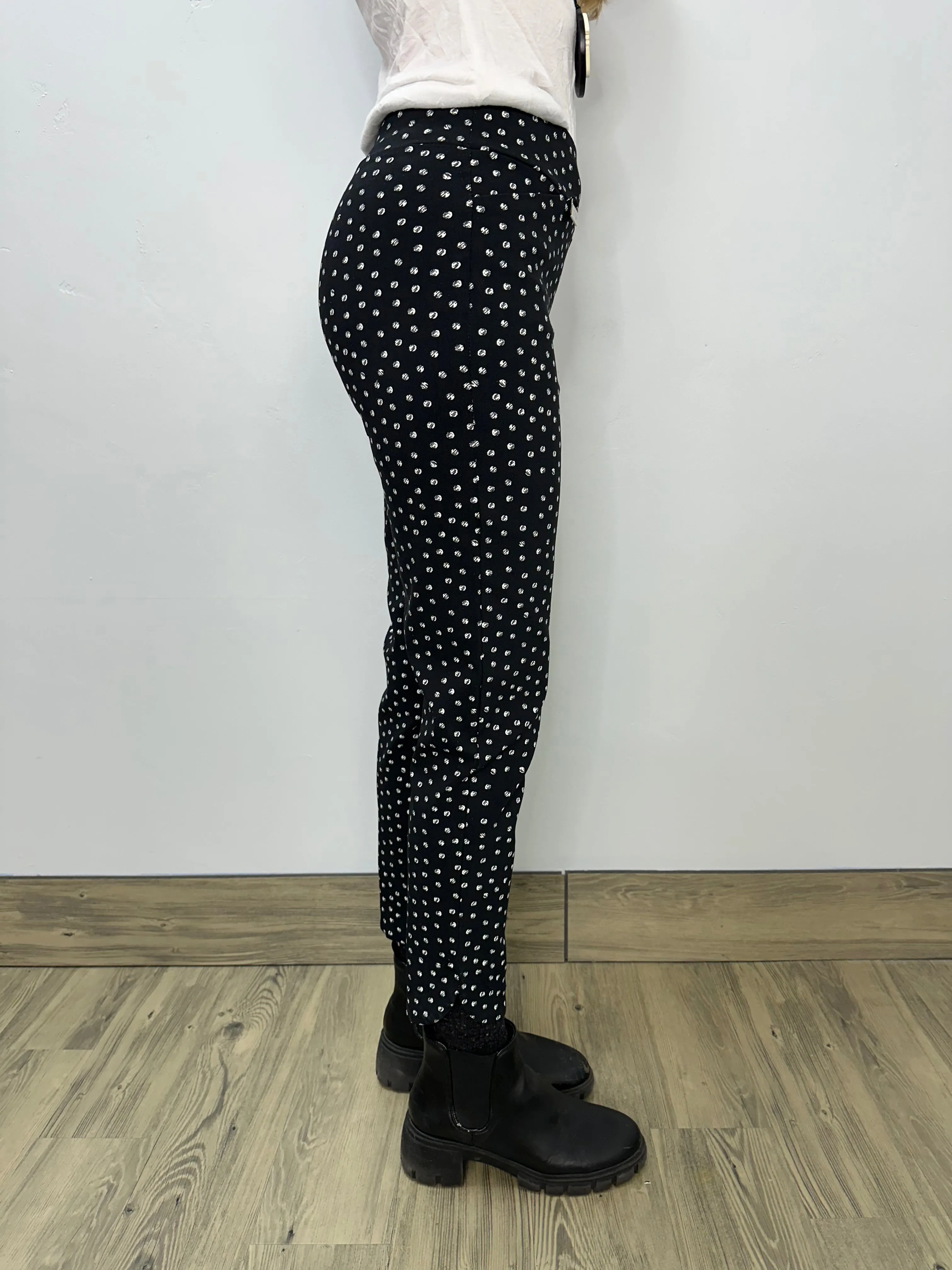 Black and White Dots Flat Front Full Length Pants