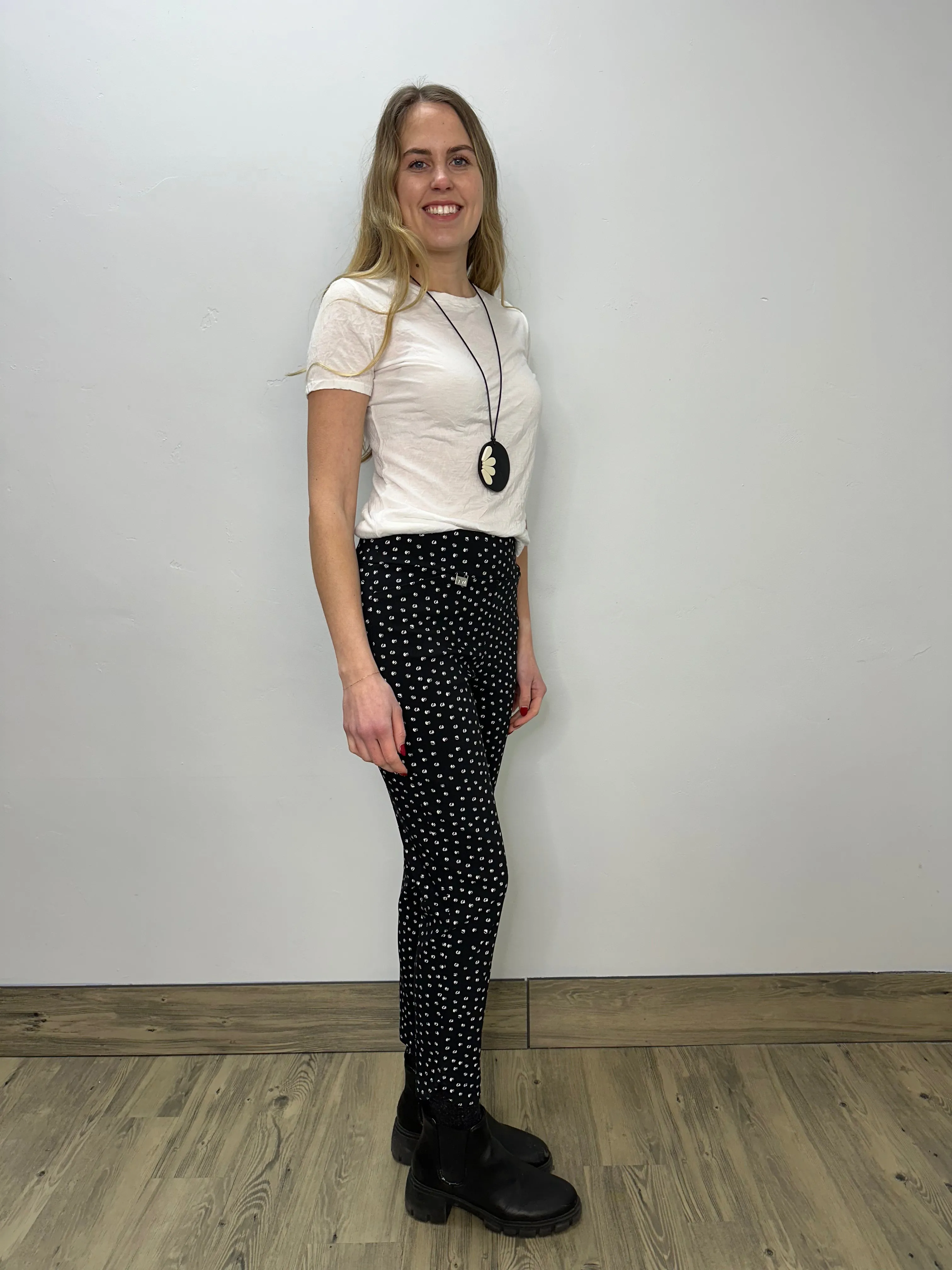 Black and White Dots Flat Front Full Length Pants