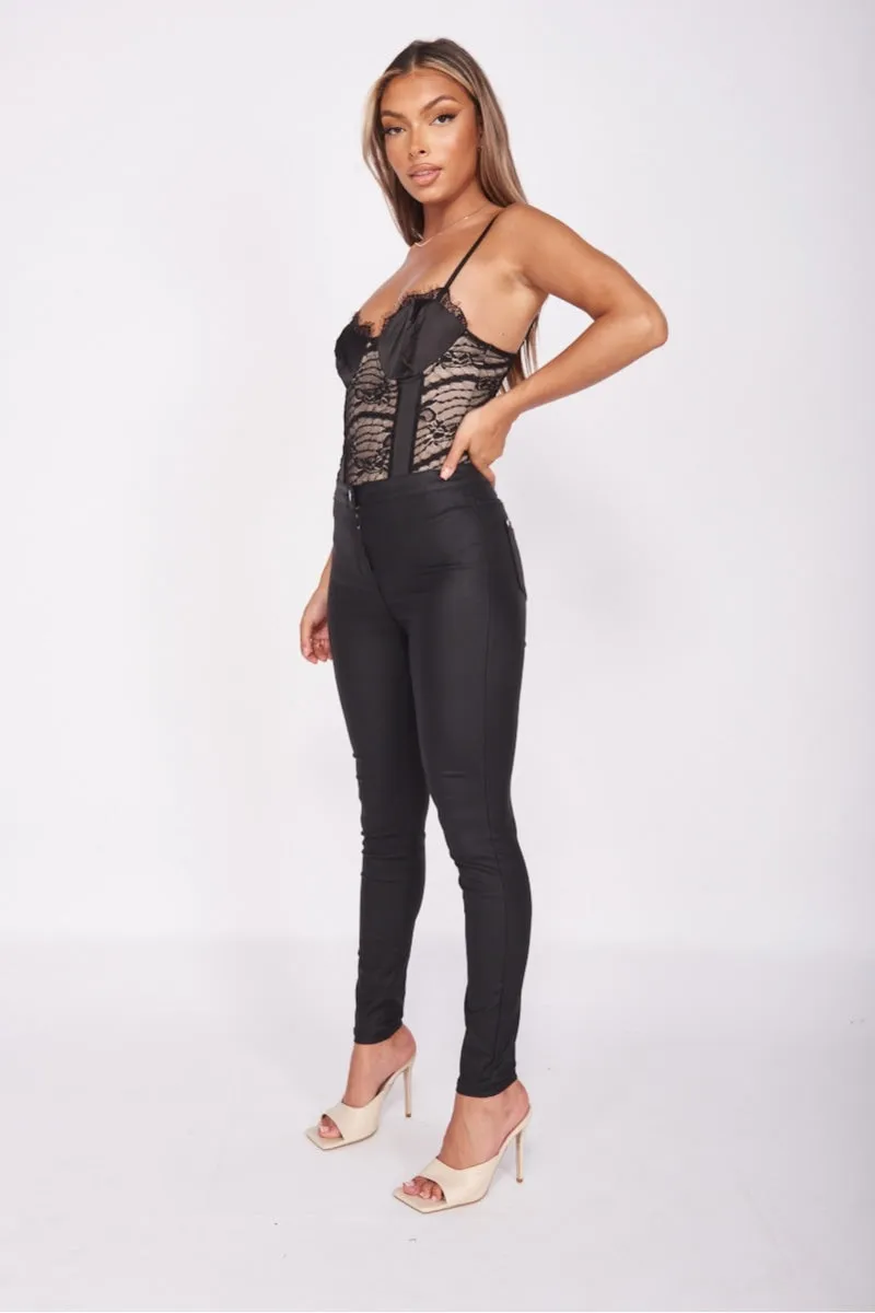 Black Eyelash Lace Trim Panelled Bodysuit