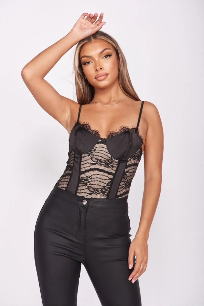 Black Eyelash Lace Trim Panelled Bodysuit