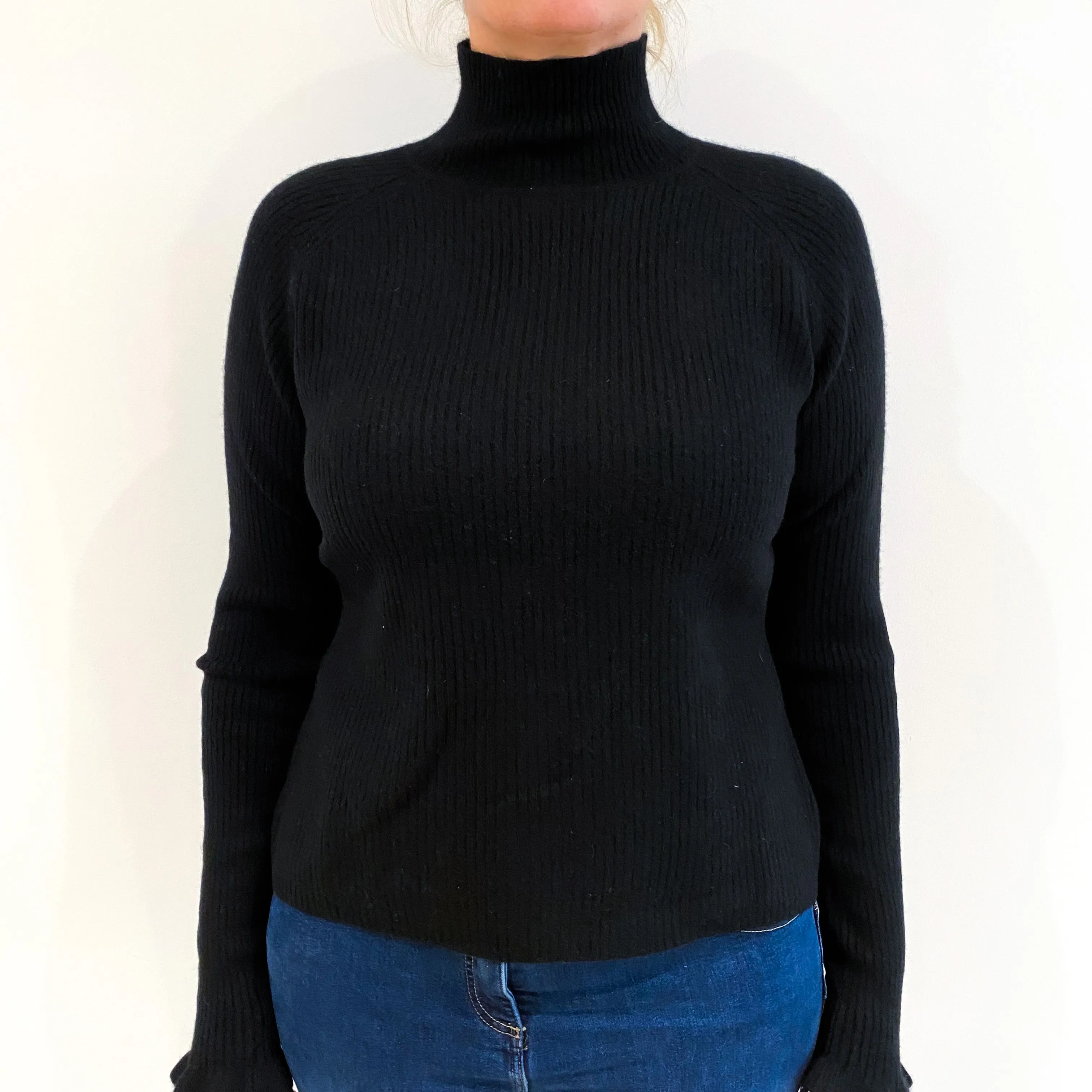 Black Ribbed Cashmere Polo Neck Jumper Large