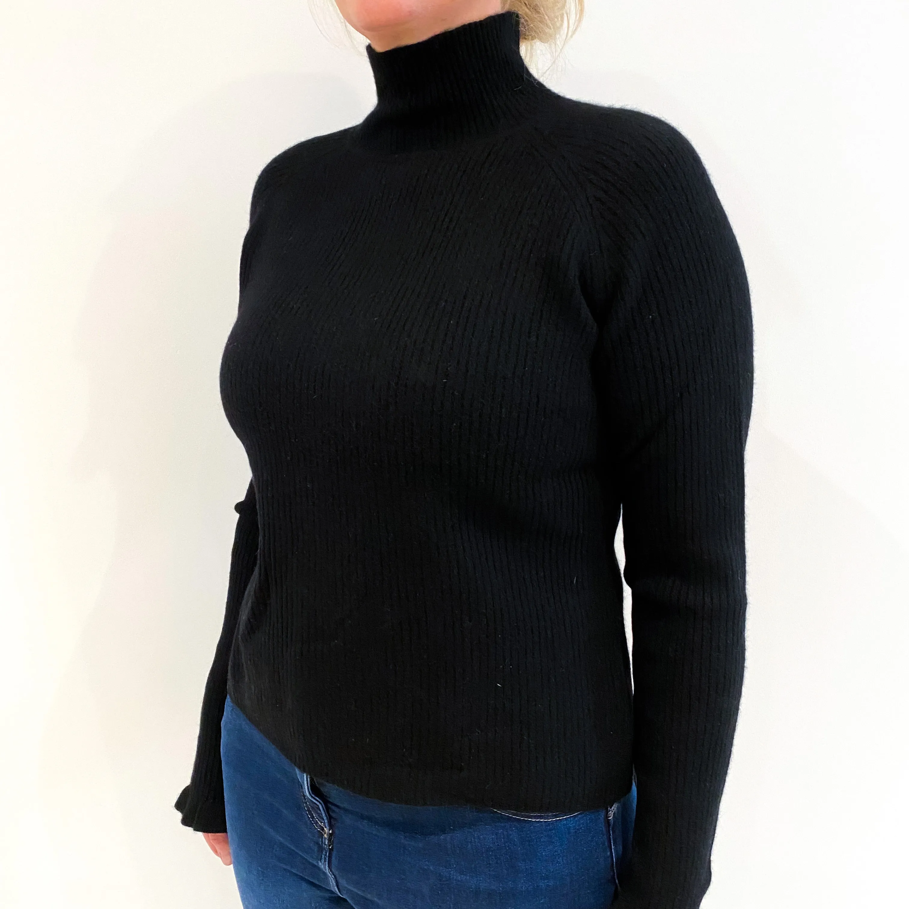 Black Ribbed Cashmere Polo Neck Jumper Large