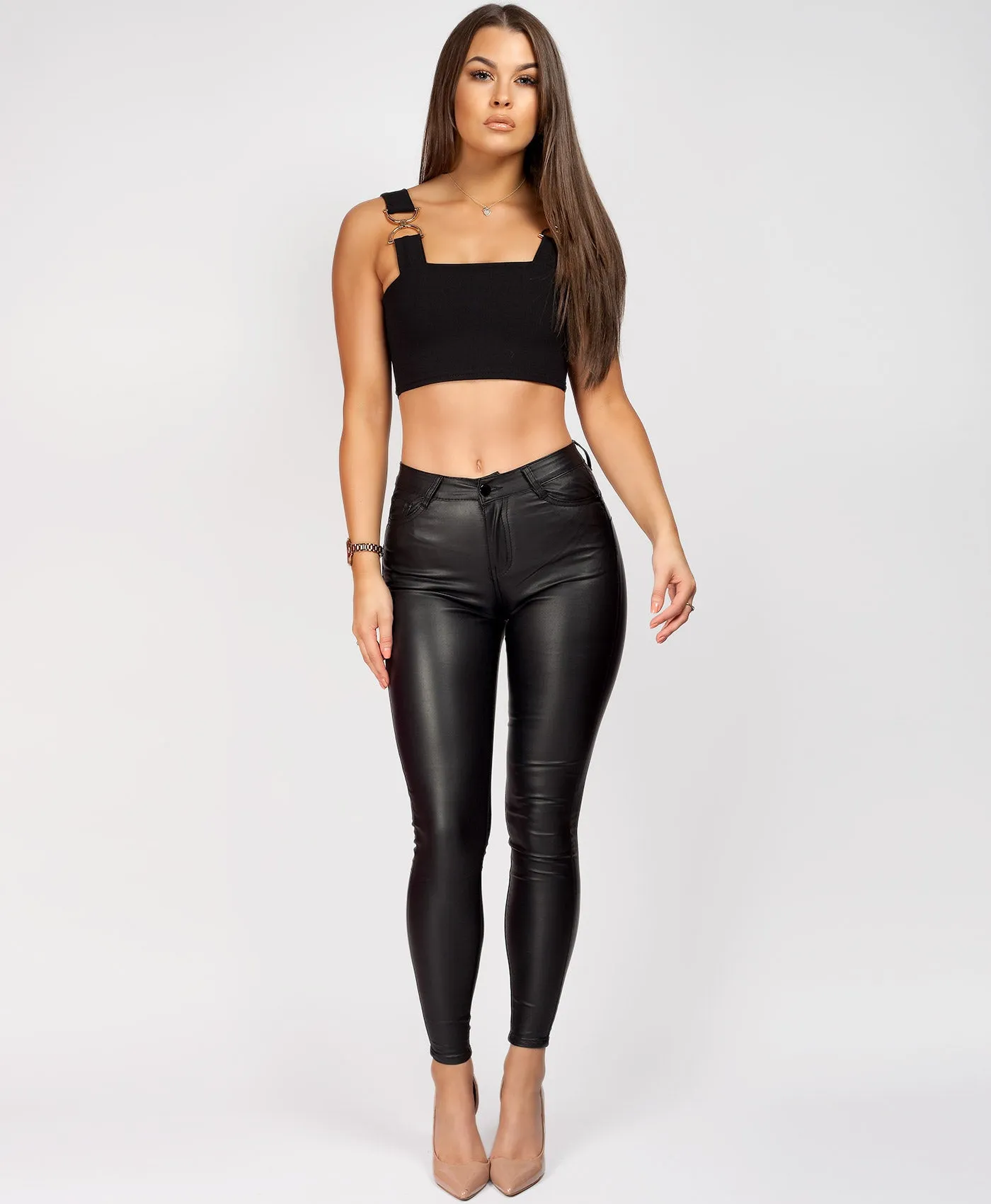 Black Wet Look PU PVC Faux Leather Coated Jeans