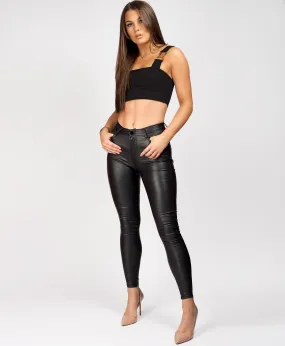 Black Wet Look PU PVC Faux Leather Coated Jeans