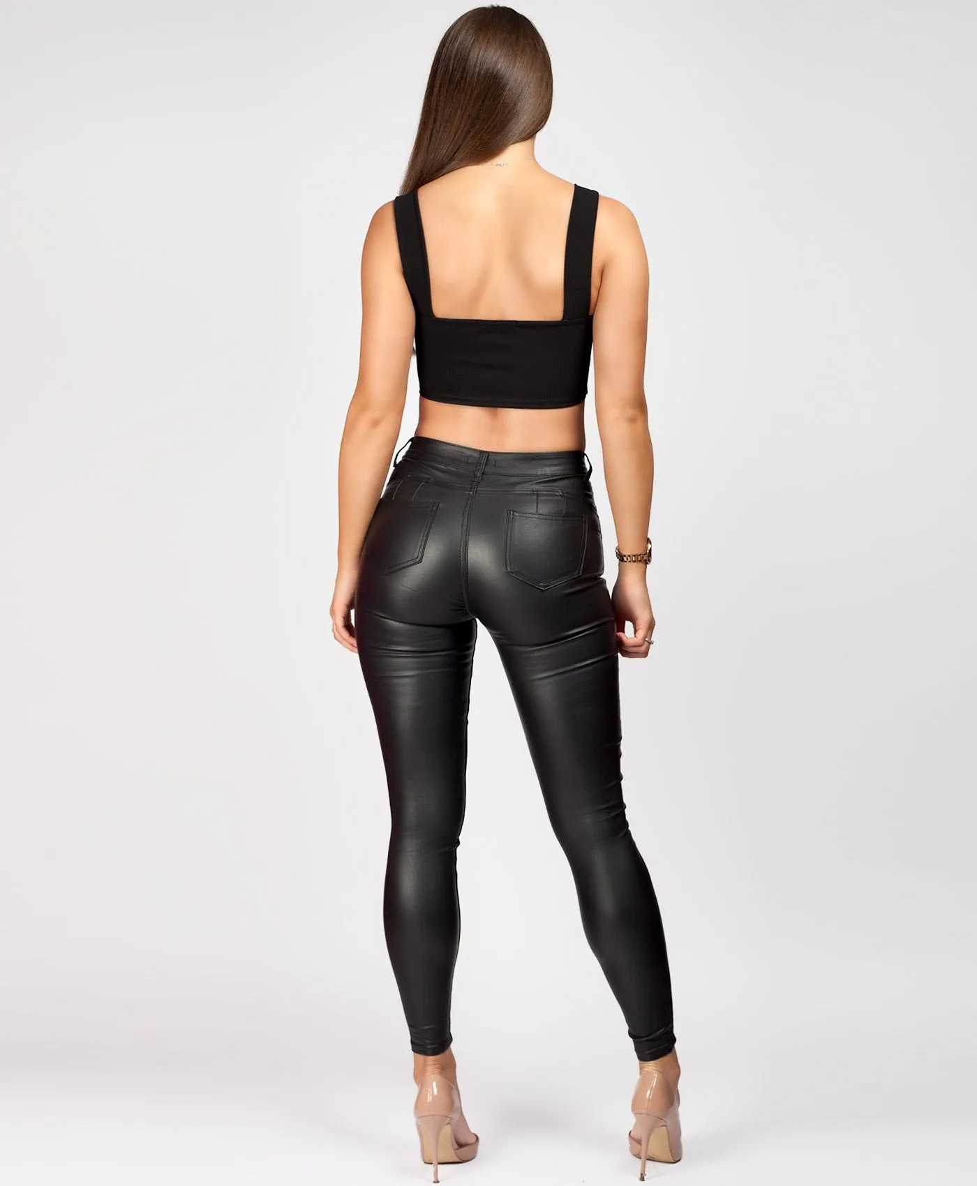 Black Wet Look PU PVC Faux Leather Coated Jeans