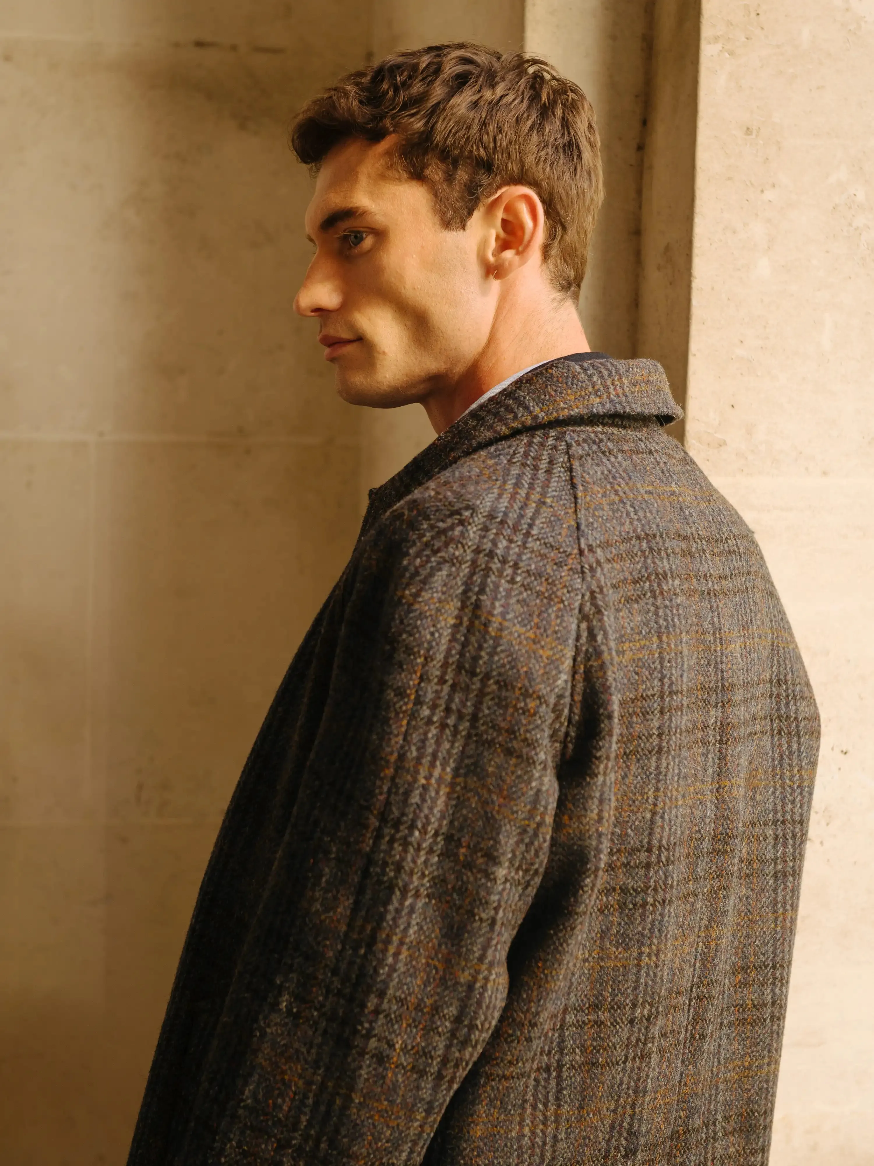 Blue Check Harris Tweed Wool Raglan Overcoat