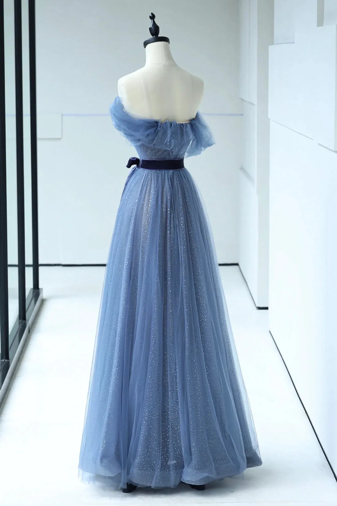 Blue Floor Length Prom Dress, A-line Strapless Tulle Evening Dress