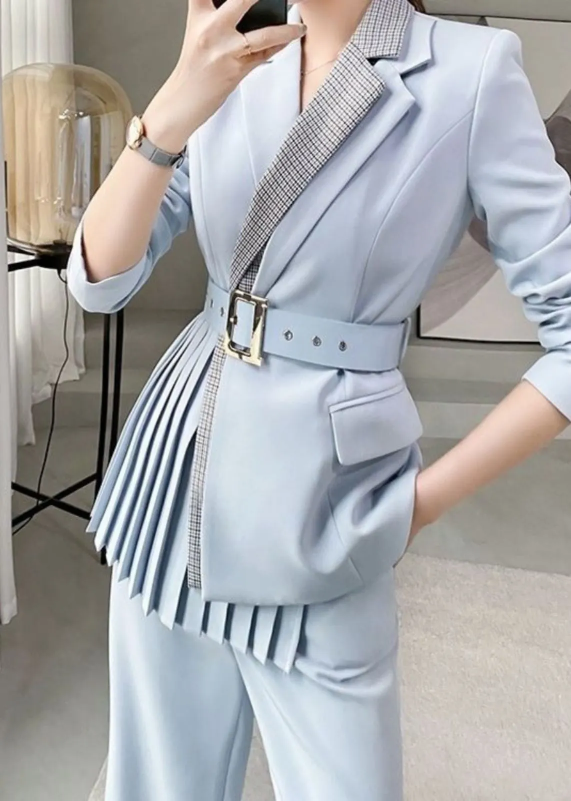 Blue Pleasted Belted Blazer & Flare Pants Suit