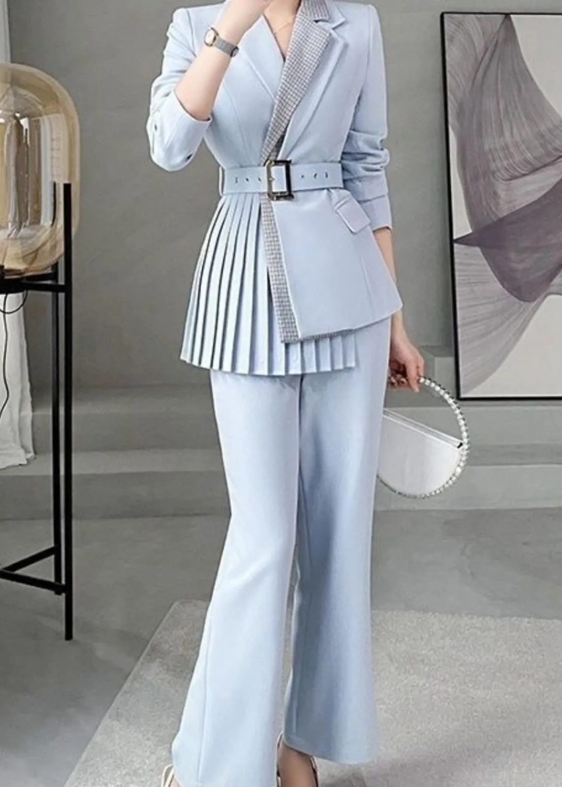 Blue Pleasted Belted Blazer & Flare Pants Suit