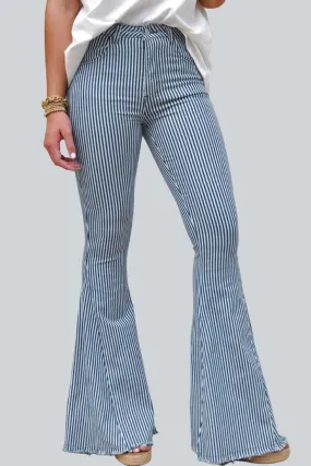 Blue Striped High-Waisted Bell Bottom Denim Pants with Pockets