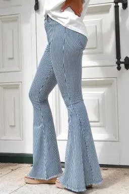 Blue Striped High-Waisted Bell Bottom Denim Pants with Pockets