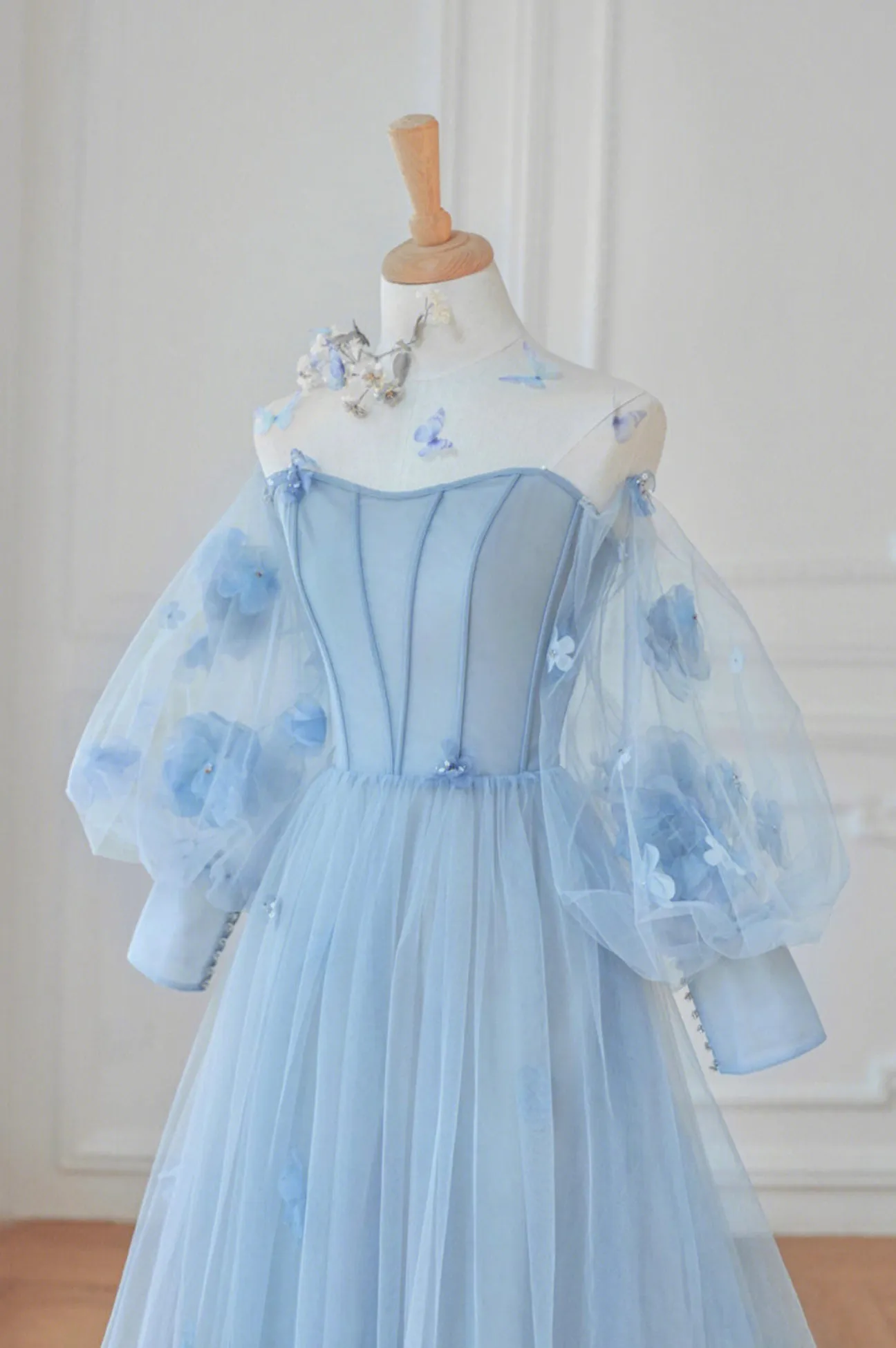 Blue Tulle Flowers Long Prom Dress, Lovely A-Line Puff Sleeve Evening Dress