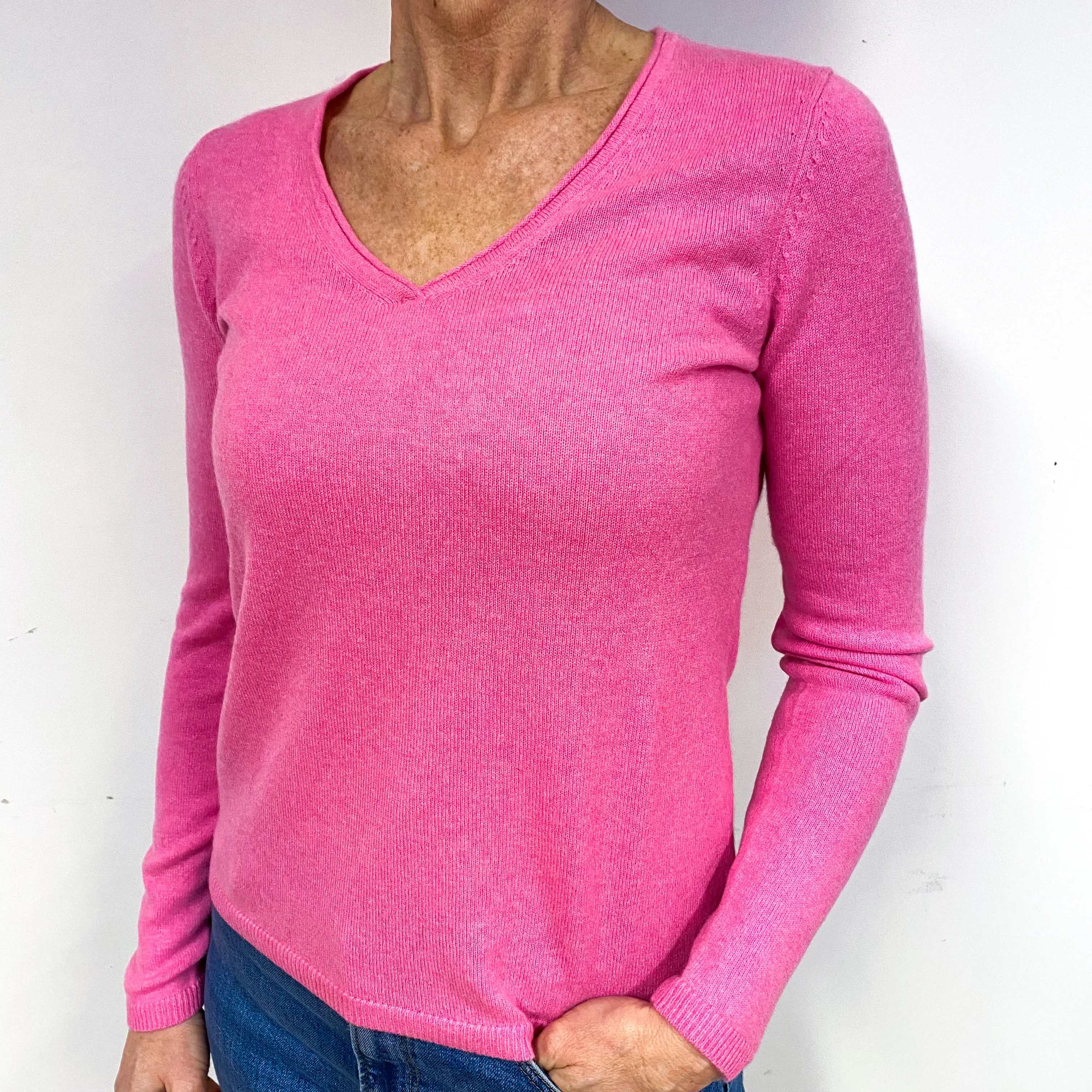 Bright Bubblegum Pink Cashmere V-Neck Jumper Medium