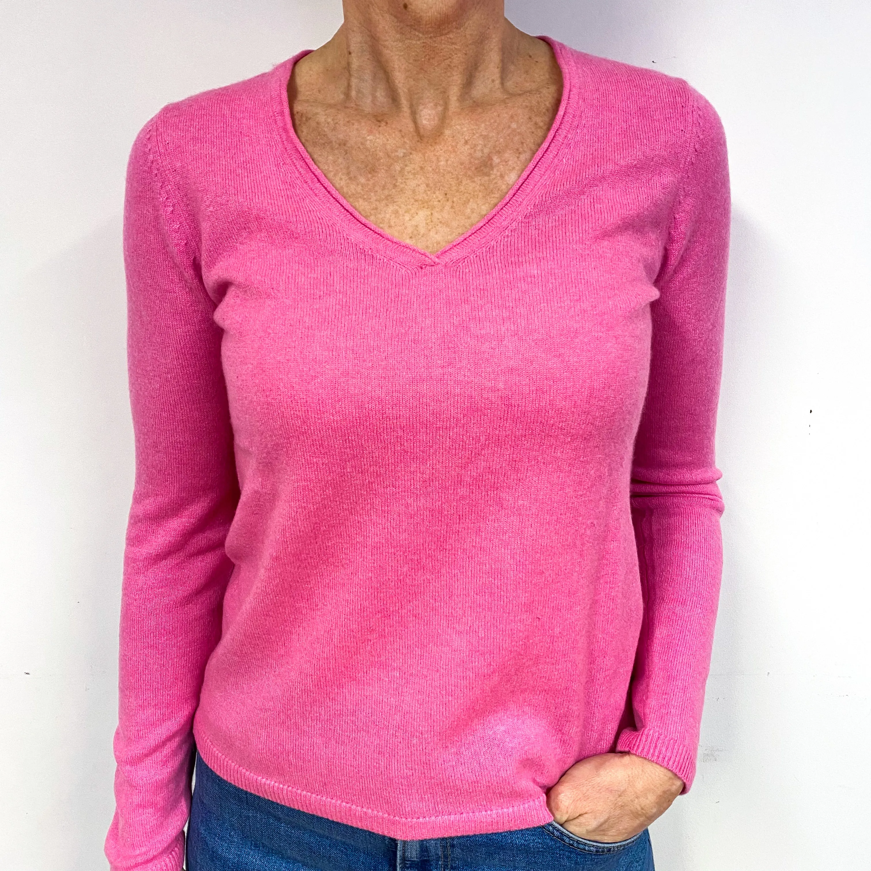 Bright Bubblegum Pink Cashmere V-Neck Jumper Medium