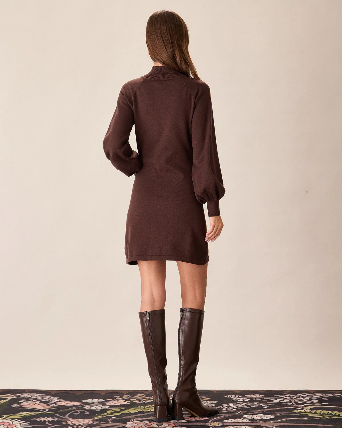 Brown Mock Neck Button Sweater Dress