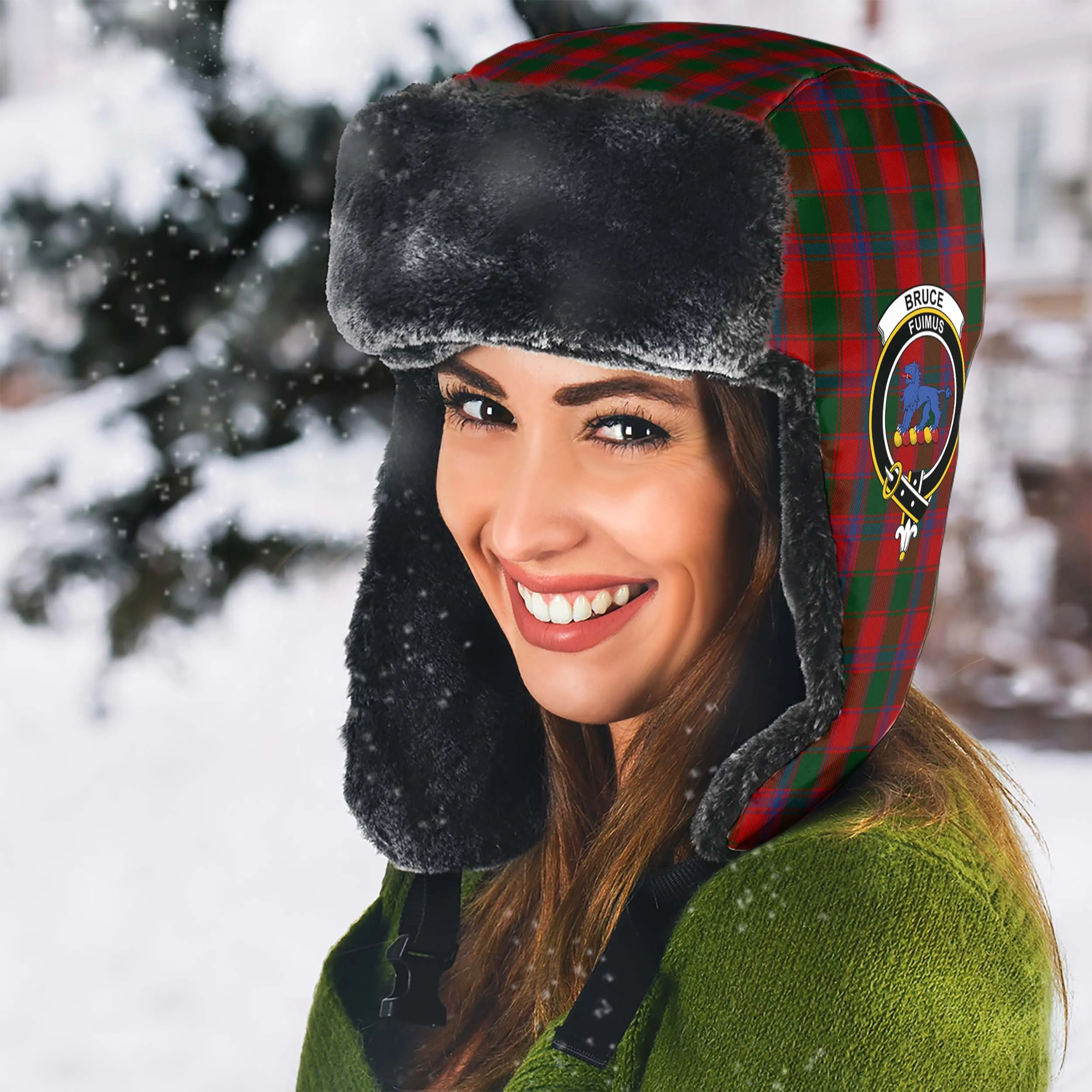 Bruce Old Tartan Winter Trapper Hat with Family Crest