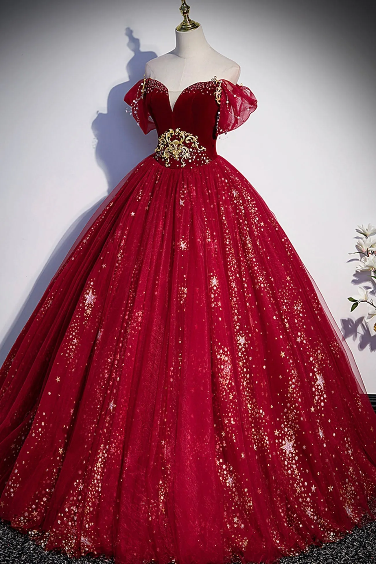 Burgundy Tulle Long A-Line Ball Gown, Off the Shoulder Evening Party Dress