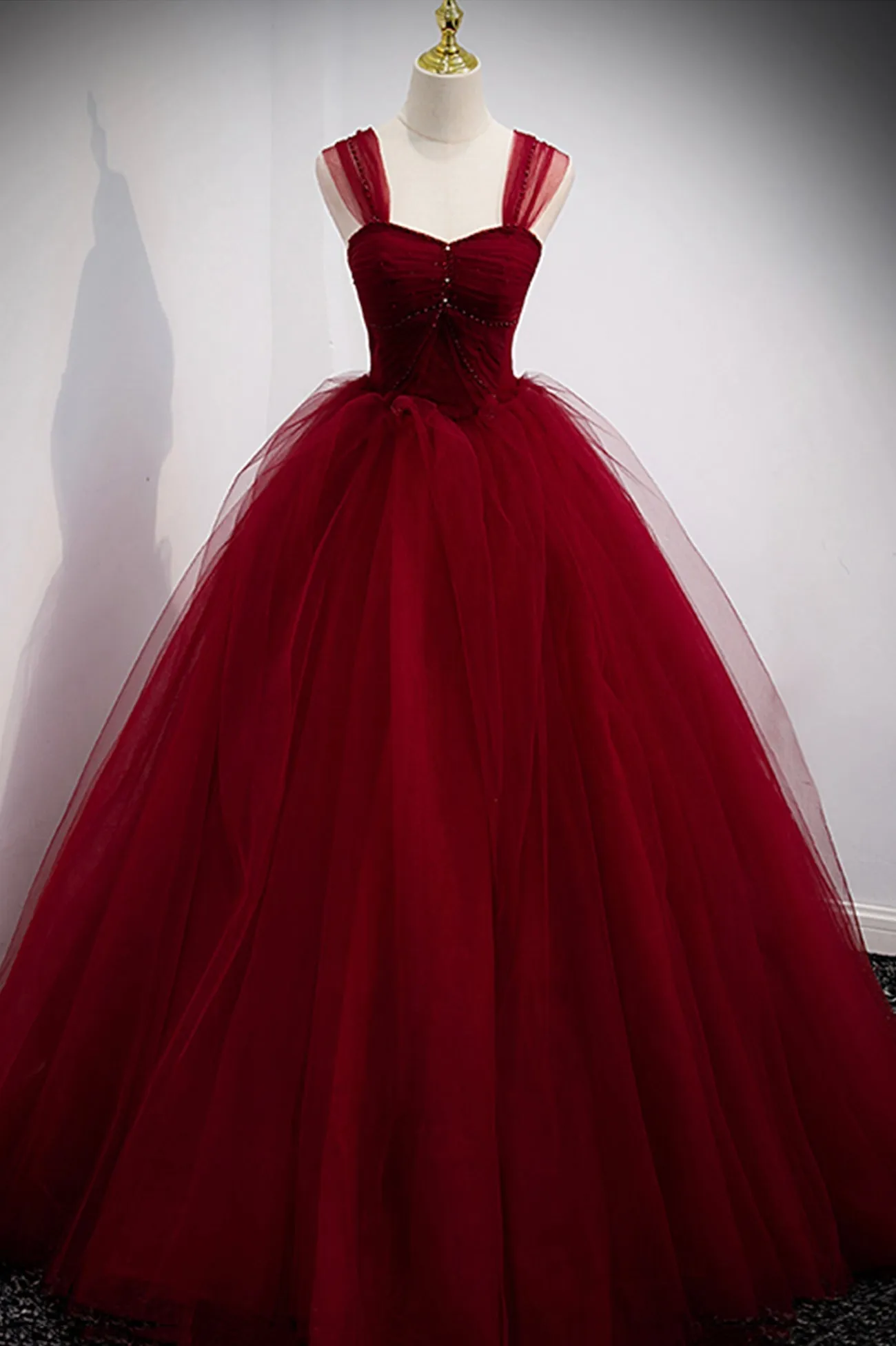 Burgundy Tulle Long A-Line Evening Dress, Off the Shoulder Formal Party Dress