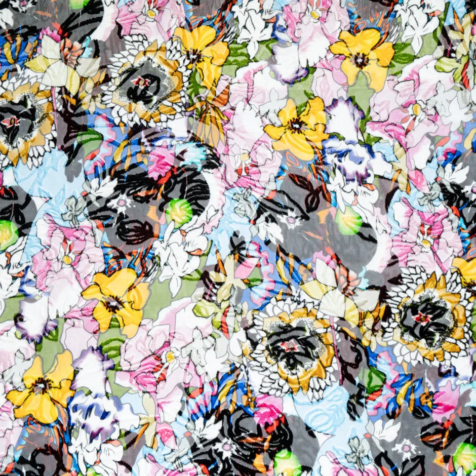 Busy Multi-Coloured Floral Printed Devoré Velvet