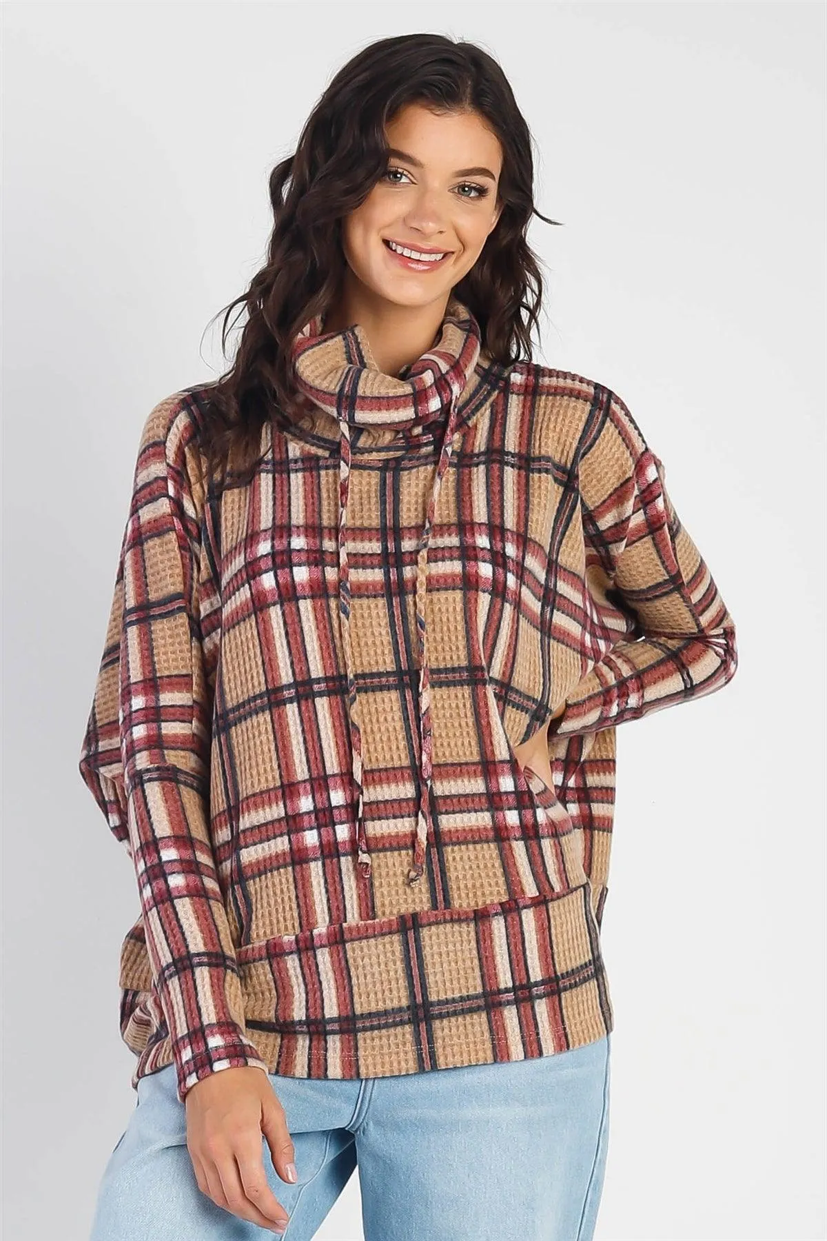 Camel Waffle Knit Flannel Plaid Turtle Neck Long Sleeve Top /1-1