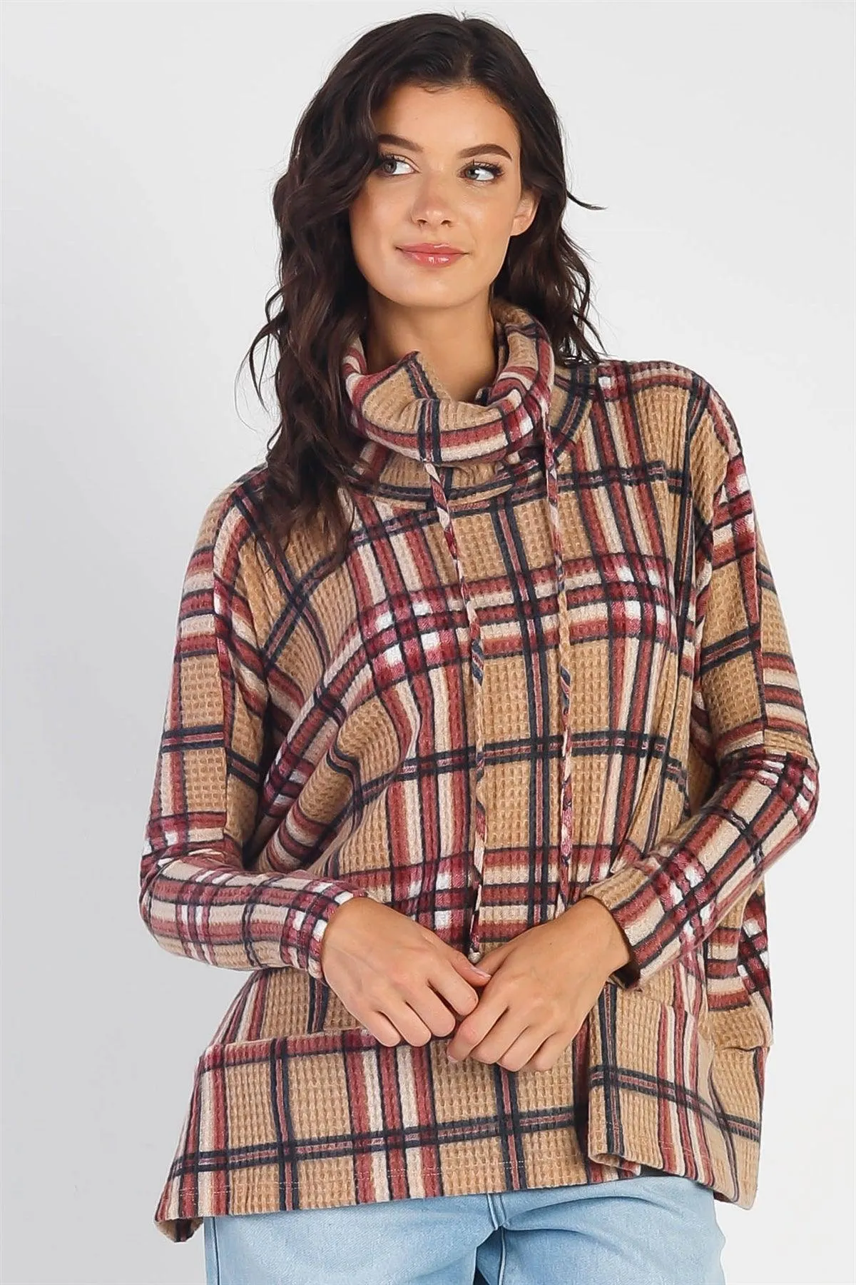 Camel Waffle Knit Flannel Plaid Turtle Neck Long Sleeve Top /1-1