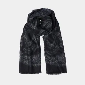 Cashmere Scarf with Floral Motif in Black and Grey