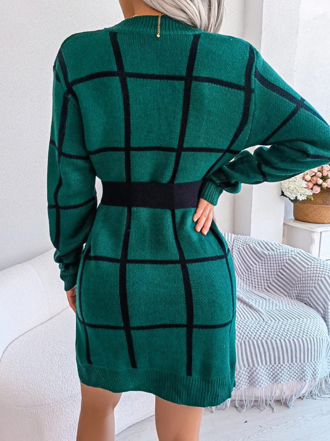 Classic Plaid Round Neck Sweater Dress  with  Dropped Shoulder