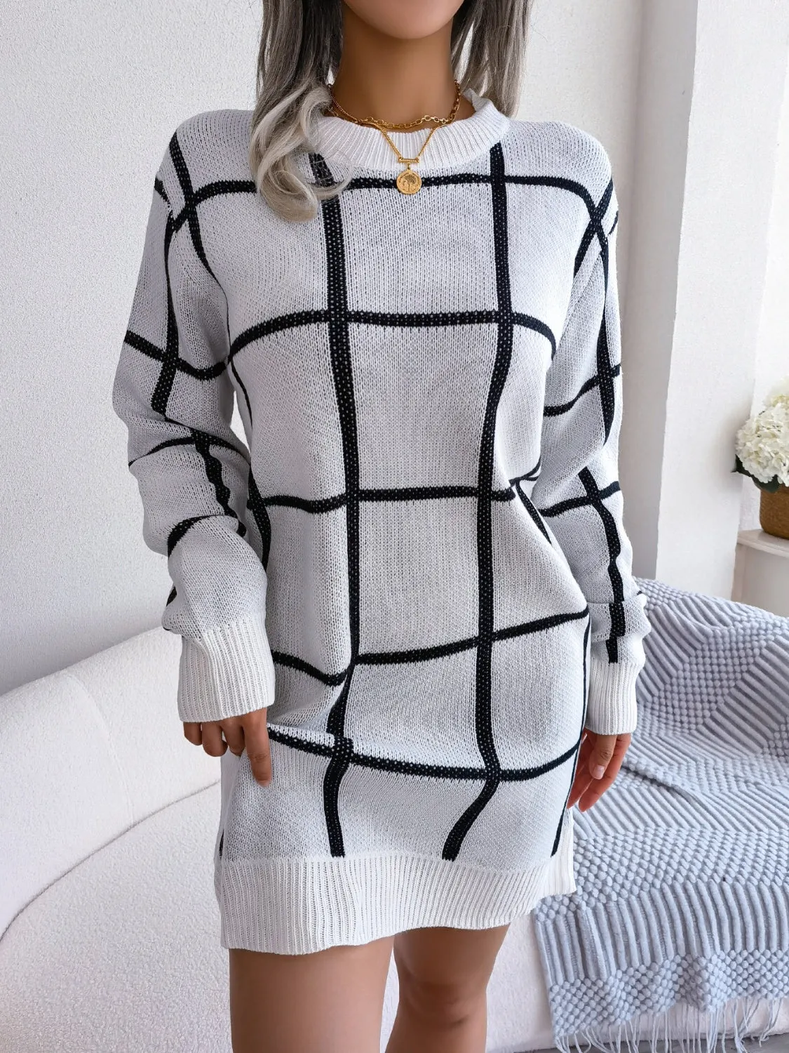 Classic Plaid Round Neck Sweater Dress  with  Dropped Shoulder