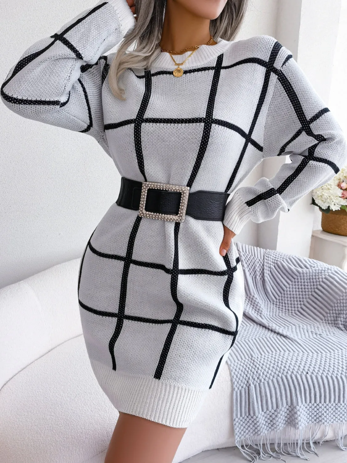 Classic Plaid Round Neck Sweater Dress  with  Dropped Shoulder