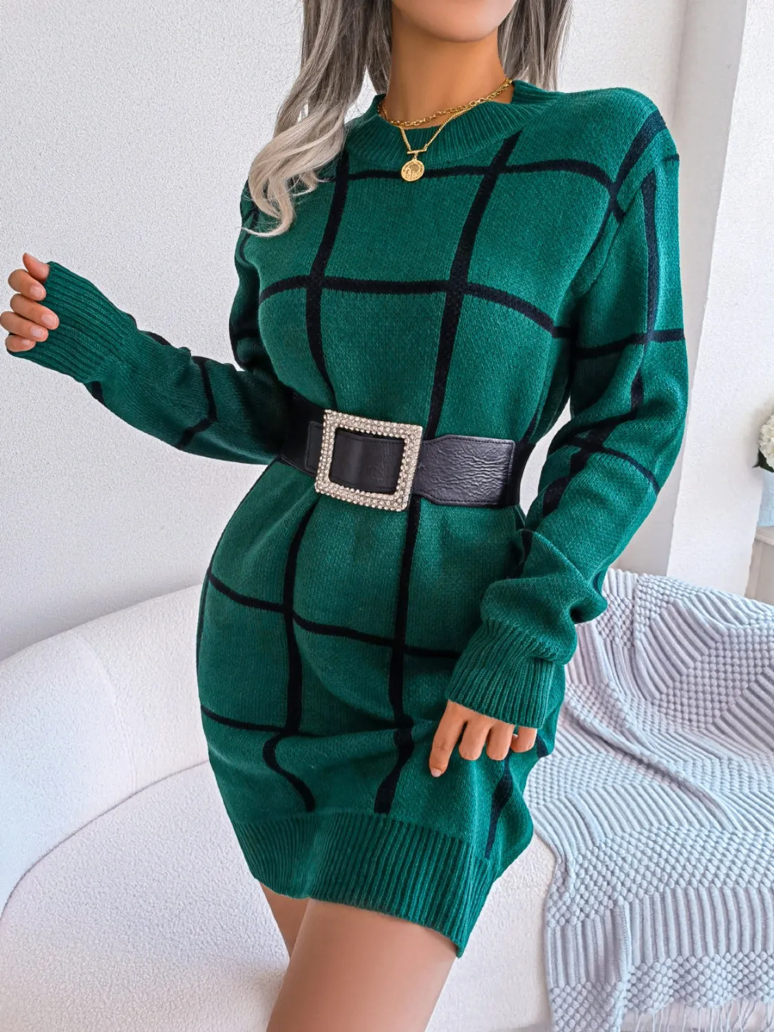 Classic Plaid Round Neck Sweater Dress  with  Dropped Shoulder