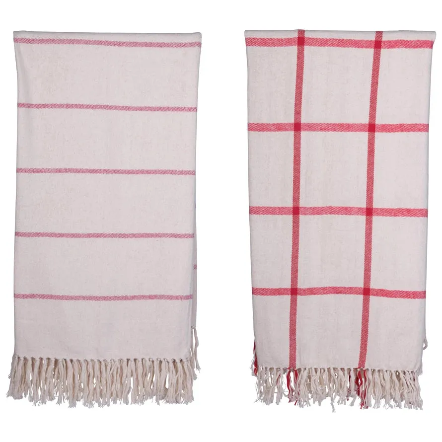 Cotton Flannel Throw with Fringe, Red and Cream