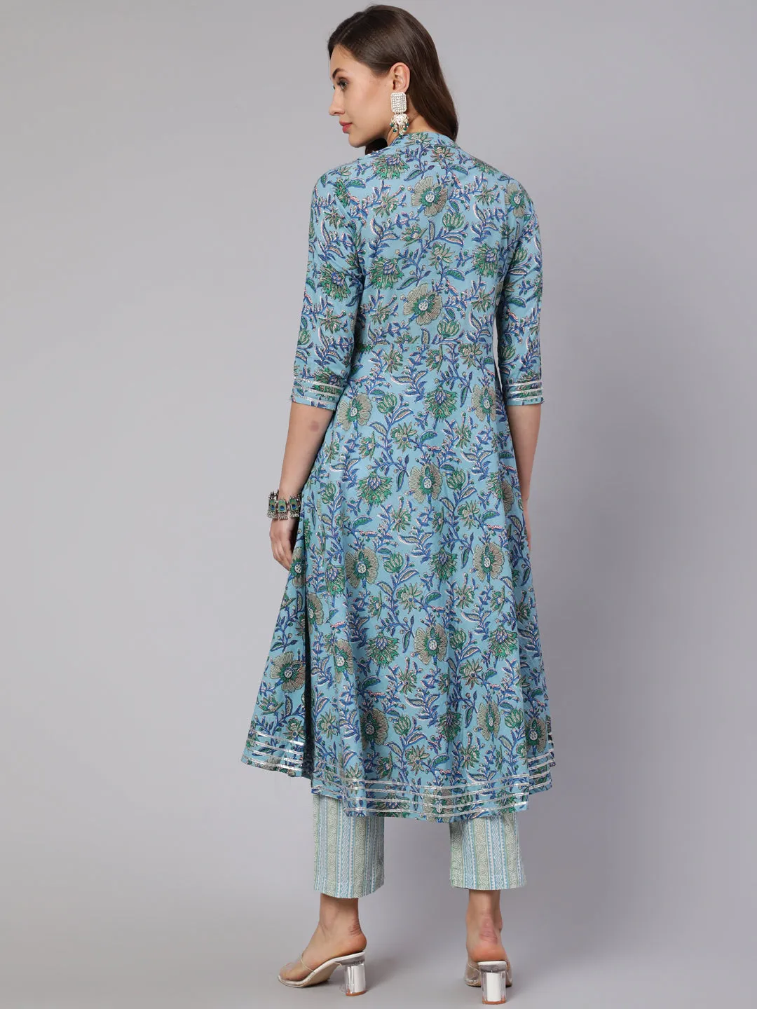 Cotton Printed Ankle Length Flared Mandrain Nack Kurta Set