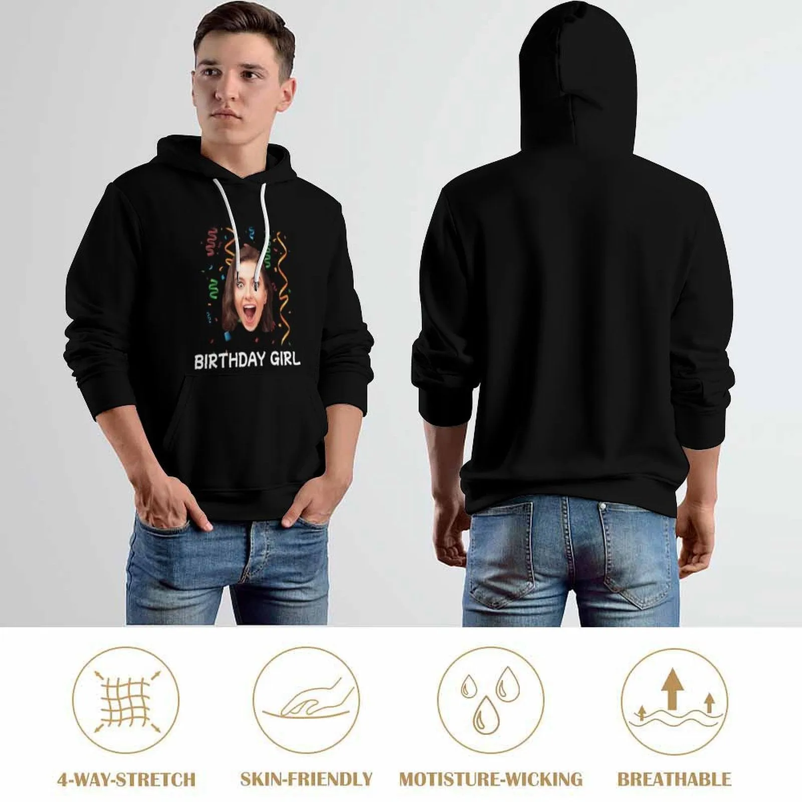 Custom Face Birthday Unisex Hoodie Personalized Photo Loose Pullover Hoodie